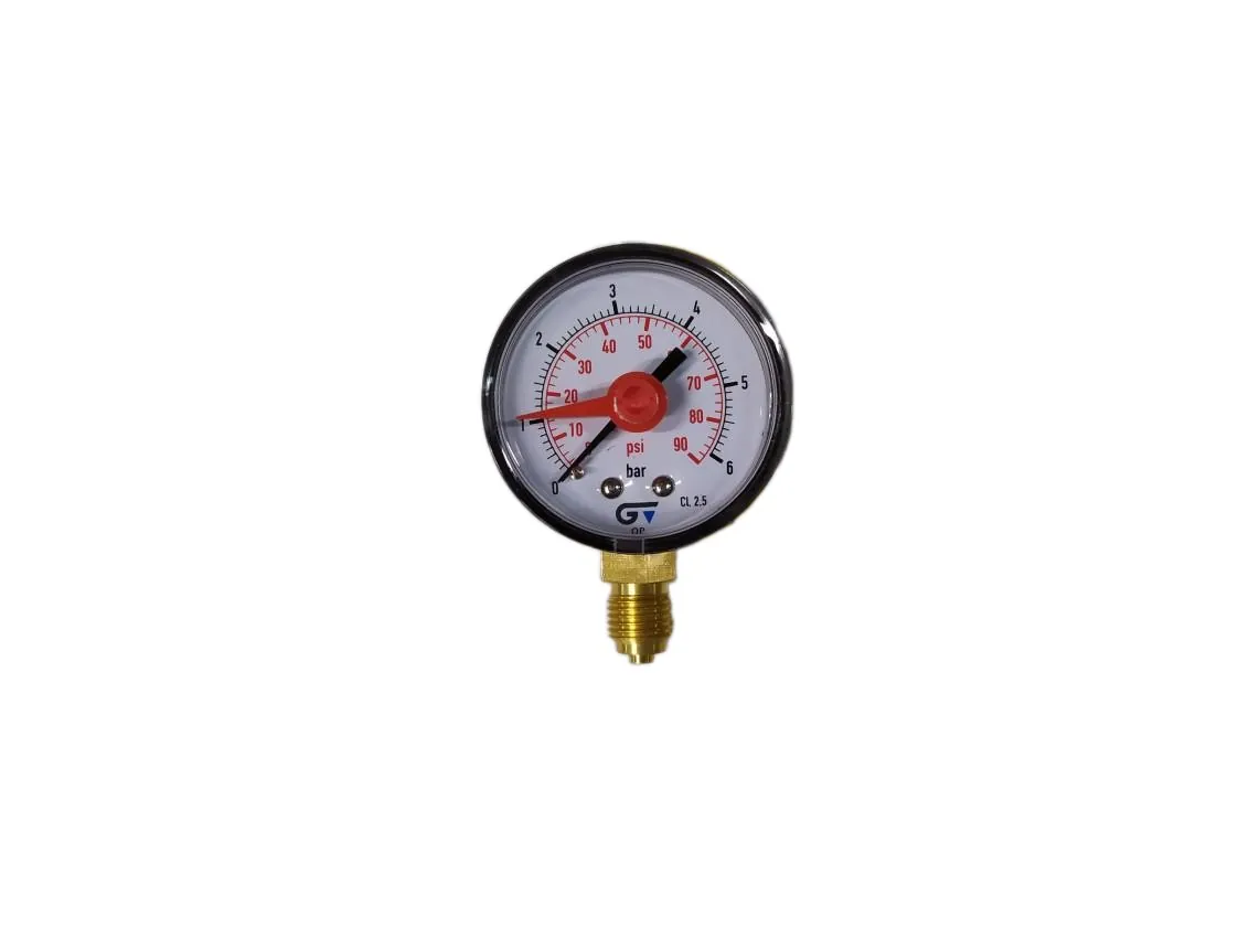 Pressure gauge 0-06 bar 1/4M vertical with red needle, part number IP-007725