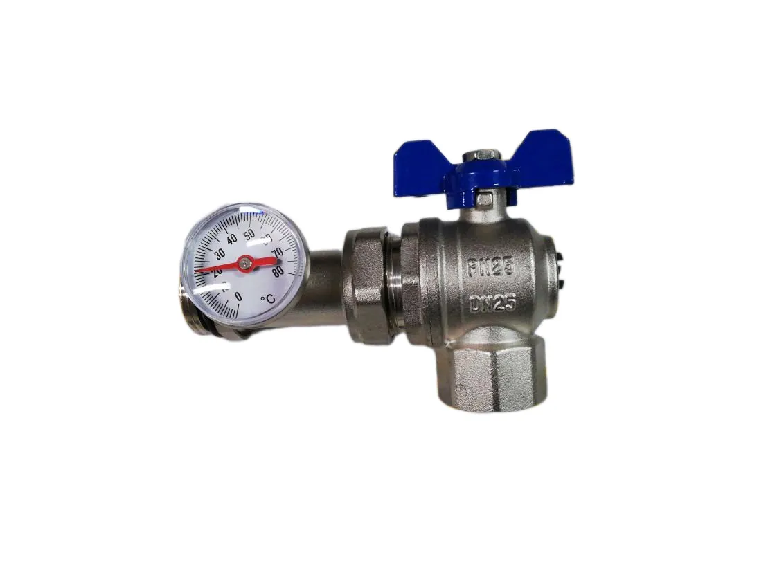Robinet d'arrêt équerre 1H - 1M R.loco deux pièces avec thermomètre Bleu, référence JE-024355