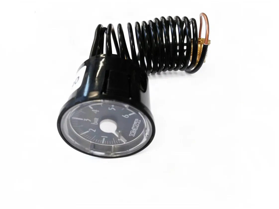 Pressure gauge 0-06 bar 1/4M Ø40mm. capillary limit long.1500mm. Black color, part number 047102