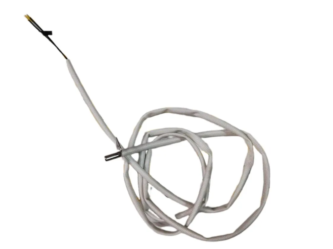 Sonda controllo fumi stufa caldaia pellet tipo NTC 1K. 200ºC con flangia di fissaggio 10x20mm e guaina di protezione, bulbo inox 4x30mm. Lung. 1000mm, codice ricambio YV-031001
