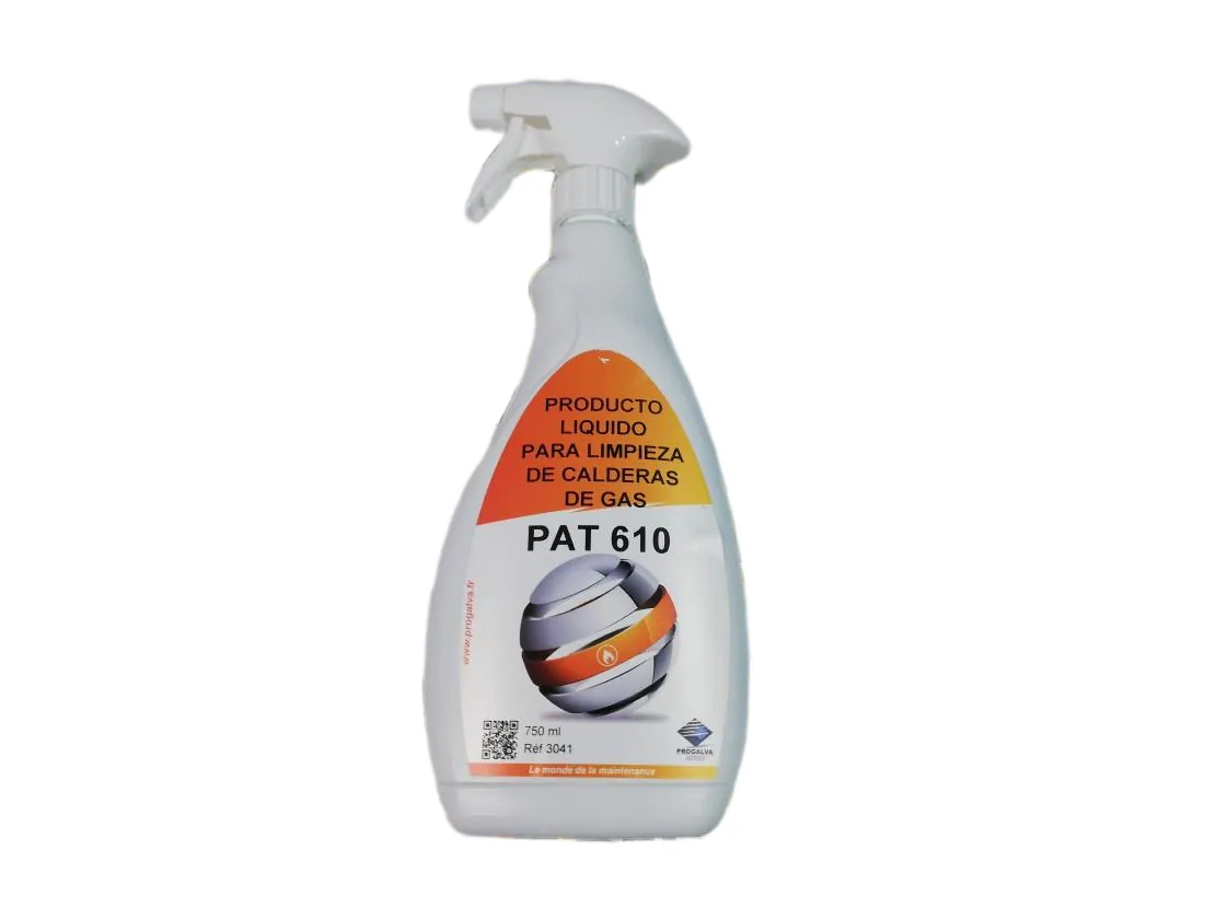 Additif nettoyant chaudières gaz PAT 610 Pulvérisateur 750ml. Élimine les incrustations dans les échangeurs et modules inoxydables. (Côté fumées), référence PR3041