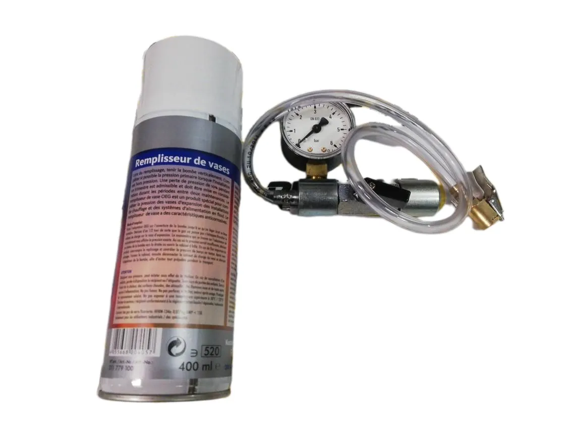 Conjunto accesorio y botella de gas inerte con manómetro, para la carga de vasos de expansión 400ml., referencia OB-020420