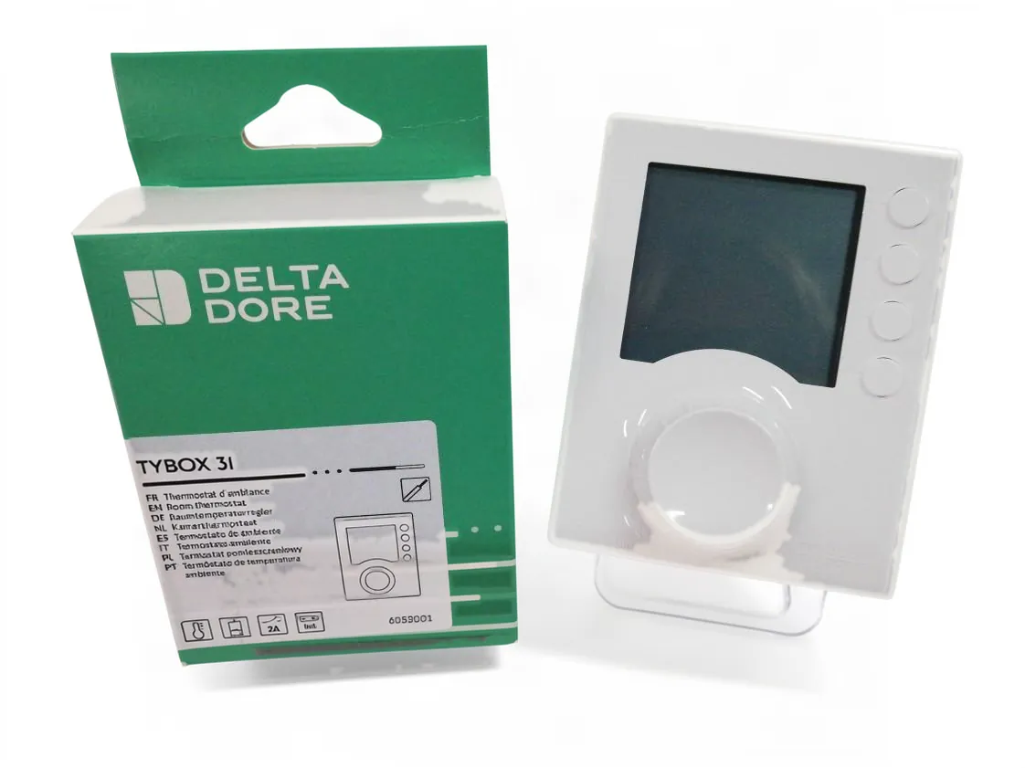 Termostato ambiente Delta Dore Tybox 31 cavo, elettronico digitale con manopola, codice ricambio 6053001