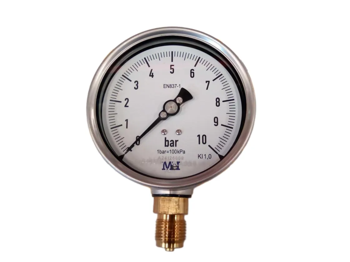 Manometro inossidabile Ø100mm. Scala 0-10bar, Attacco 1/2M Verticale. Industriale Combinato Ricaricabile in 837-1, codice ricambio 6175121500