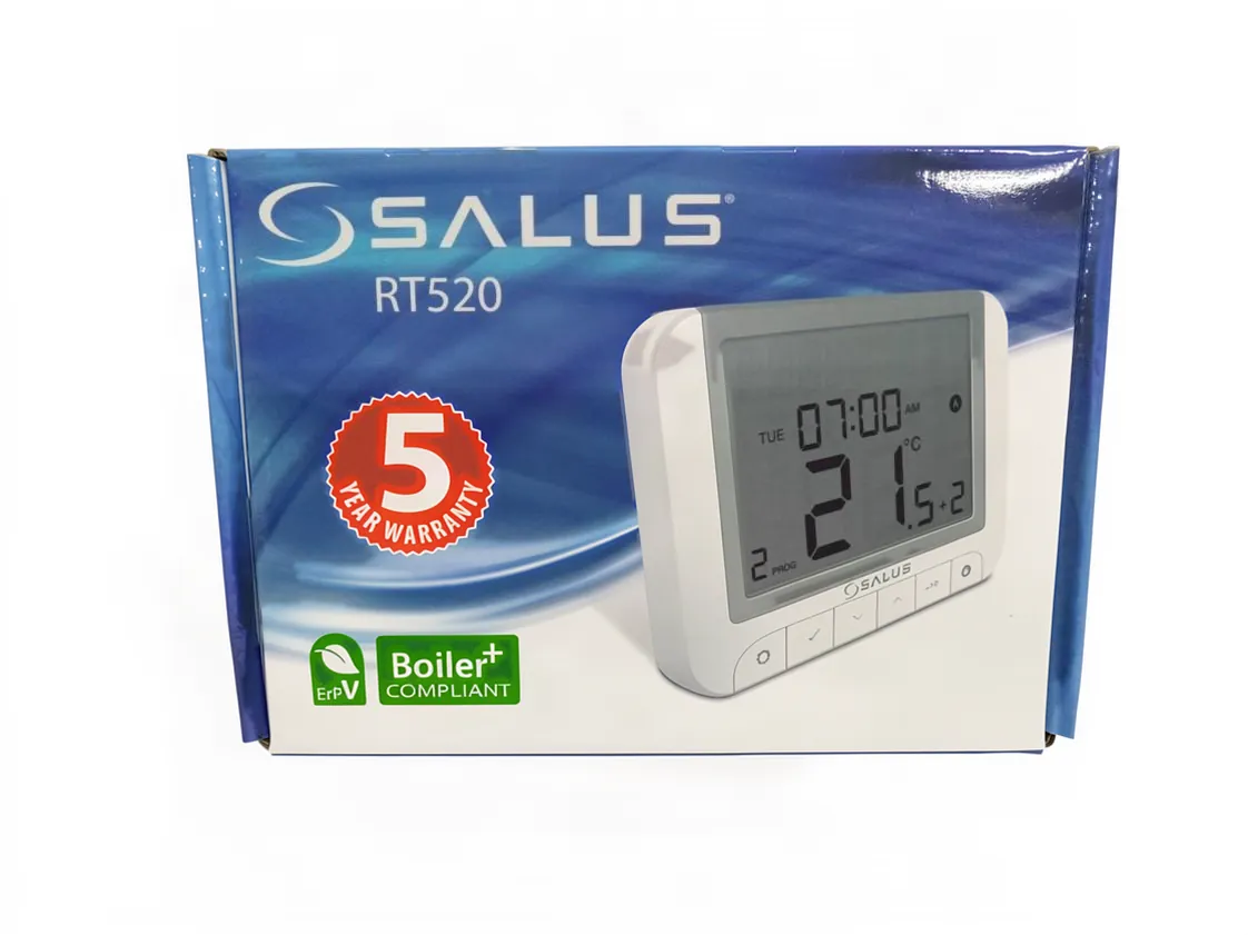 Salus RT520 OP Digital wekelijkse klokthermostaat met Open Therm of traditionele communicatiekabel, onderdeelnummer EP-028940