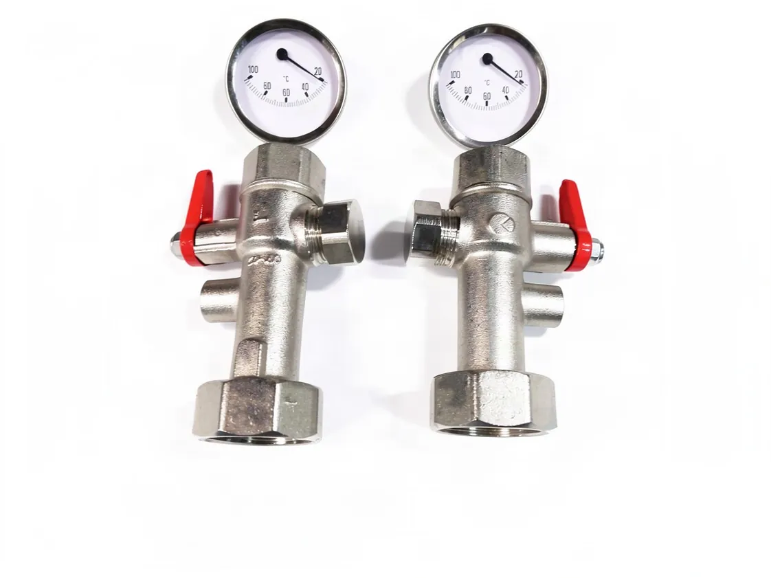 Set of 1H shut-off valves and 1-1/2 swivel nut fitting with thermometers and 3/4M rear test point, part number UM-025527