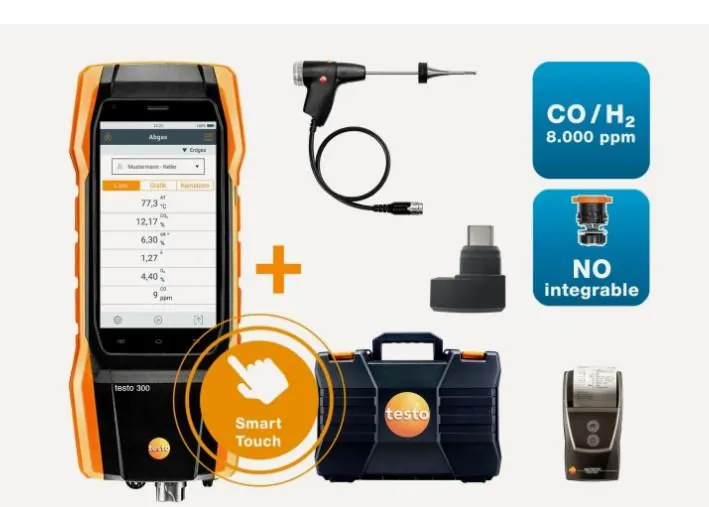 Analizzatore di combustione Testo 300 Longlife next level compensato 8.000 ppm (Con stampante), codice ricambio 0564300476