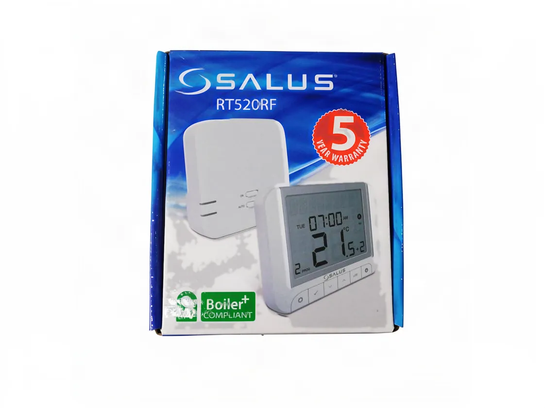 Salus RT520RF OP digitale wekelijkse draadloze klokthermostaat, open therm of traditionele warmte/koud communicatie, onderdeelnummer S00115521